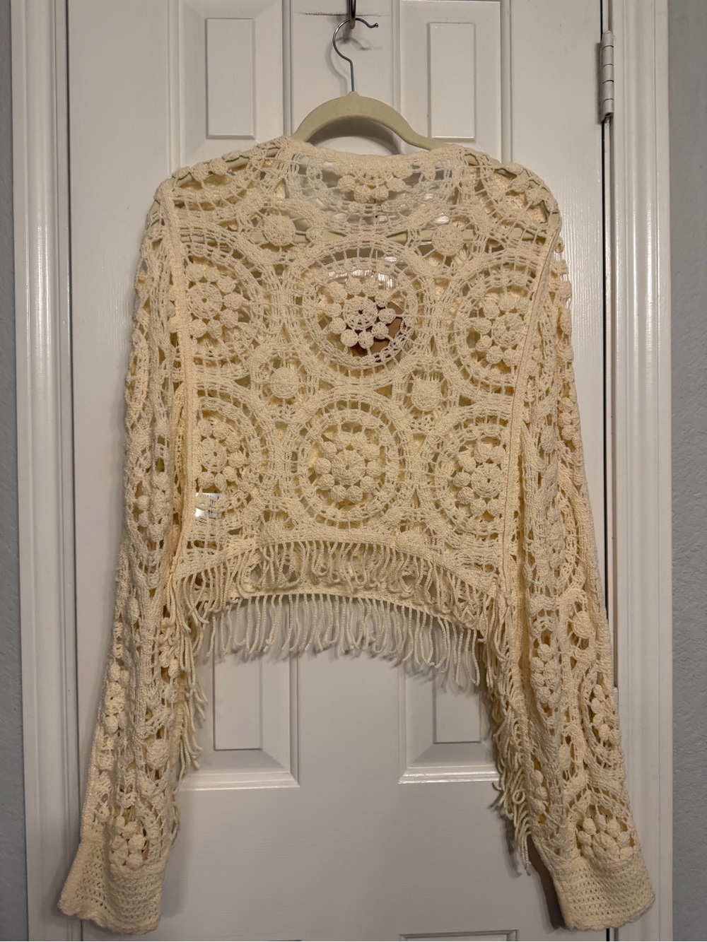 BiBi Cream Crochet Fringe Open-Knit Sweater Shrug
